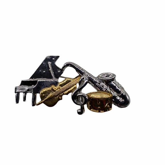 Classic Music Notes Pin With Piano Saxophone & Drum Charms Silver/Gold Unisex - Picture 1 of 5